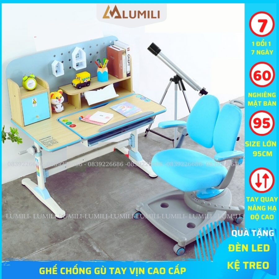 Bộ bàn ghế học sinh chống gù chống cận Lumili S9 size 95cm cao cấp mới, nâng hạ tay quay, điều chỉnh nghiêng mặt bàn